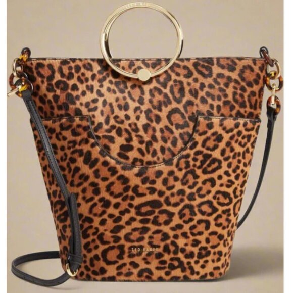 Ted Baker Bucket Bag Leopard Brown Crossbody Large Leather Top Handles Aliena - Picture 1 of 14